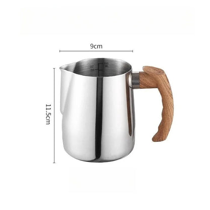 Coffee Milk Frothing Pitcher Stainless Steel with Scale Wooden Handle Eagle Spout Latte Coffee Kitchen Cafe Accessories