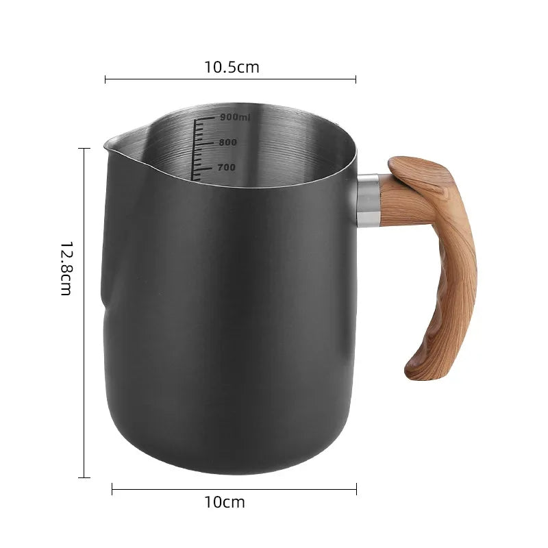 Coffee Milk Frothing Pitcher Stainless Steel with Scale Wooden Handle Eagle Spout Latte Coffee Kitchen Cafe Accessories